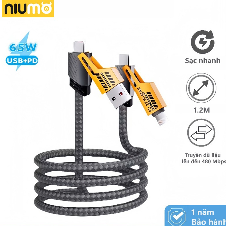 NIUMO 65W สายชาร์จเร็ว 4 หัว พอร์ต CL ลวดเคลือบร่มชูชีพที่ทนทานเป็นพิเศษสําหรับการชาร์จเร็วสําหรับโท