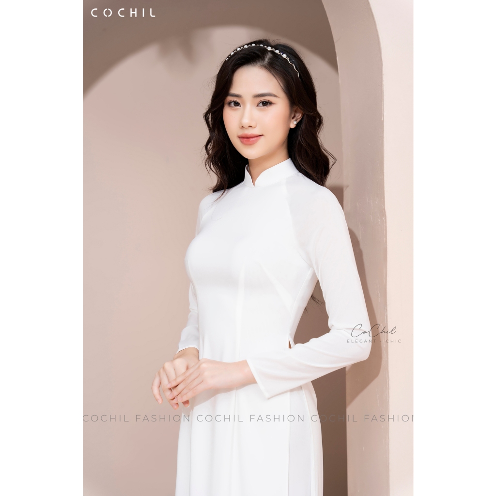 COCHIL traditional ao dai พร้อมคอปกสูง 3 ซม. และแขนยาวทําจากผ้าไหมอเมริกันสีขาวครีมสําหรับนักเรียน -