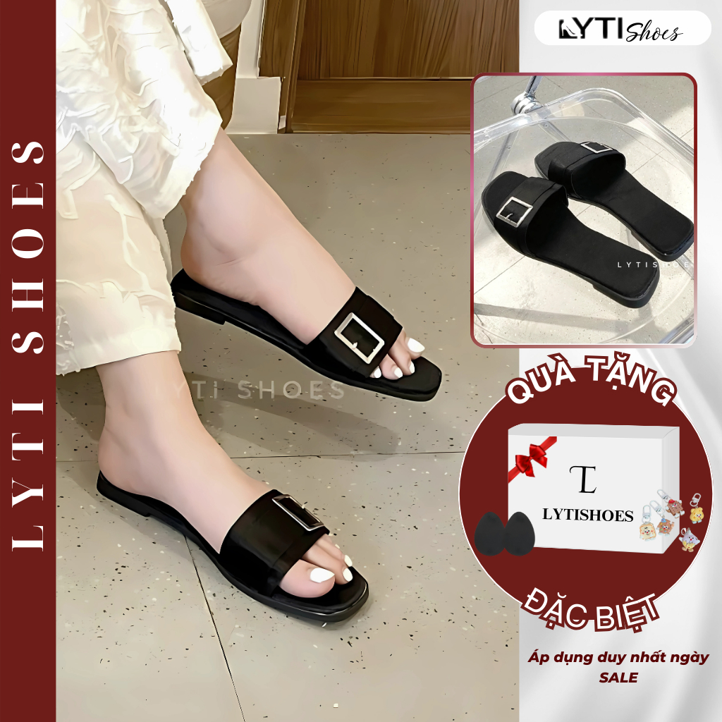 Lytishoes G97 รองเท้าแตะส้นแบนผ้าไหมหัวเข็มขัดทรงสี่เหลี่ยม