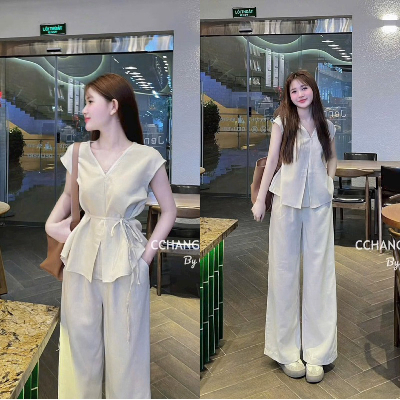 ชุดผู้หญิงแฟชั่น ชุดเซ็ตใส่ไปเที่ยว ใส่ได้ 2 แบบ ปีกค้างคาวผูกโบว์และกางเกงขากว้างกํามะหยี่,