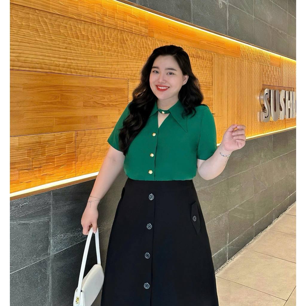 Beo Design bigsize women - เสื้อเชิ้ตคอปกแหลมแขนสั้นสําหรับผู้หญิง bigsize 50kg ถึง 100kg