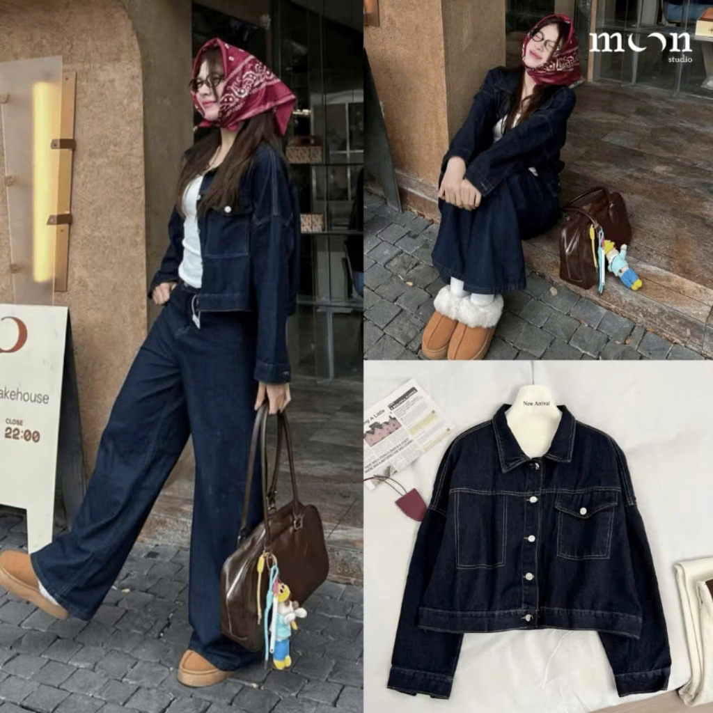 เสื้อครอปสไตล์เรโทร แจ็คเก็ตยีนส์ แจ็คเก็ตยีนส์ครอป Back to School สําหรับโรงเรียนและทํางาน