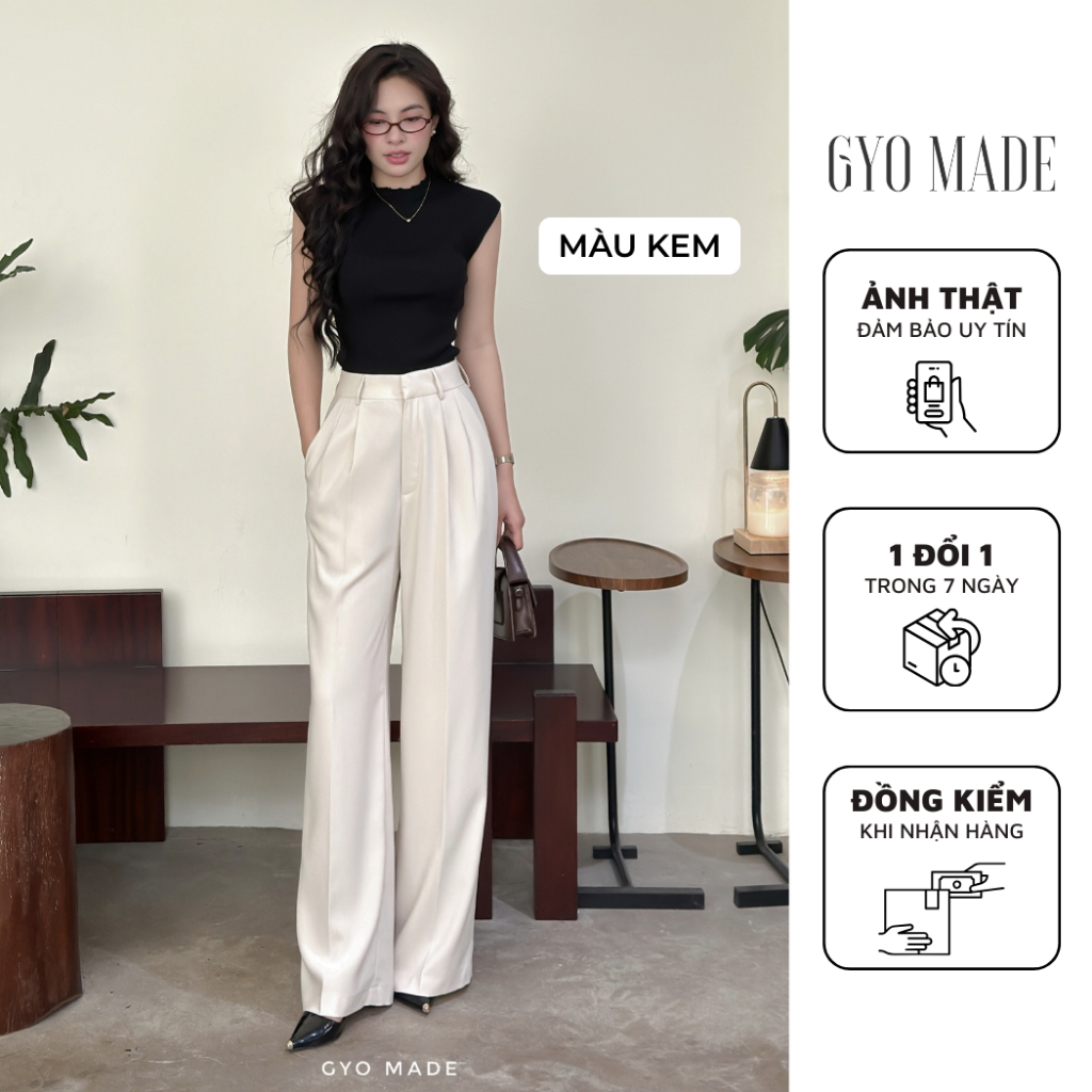 GYOMADE กางเกงขากว้างสีครีมผู้หญิง เอวสูง ผ้า Snow Silk นุ่มเนียน แฟลต | GQ003C