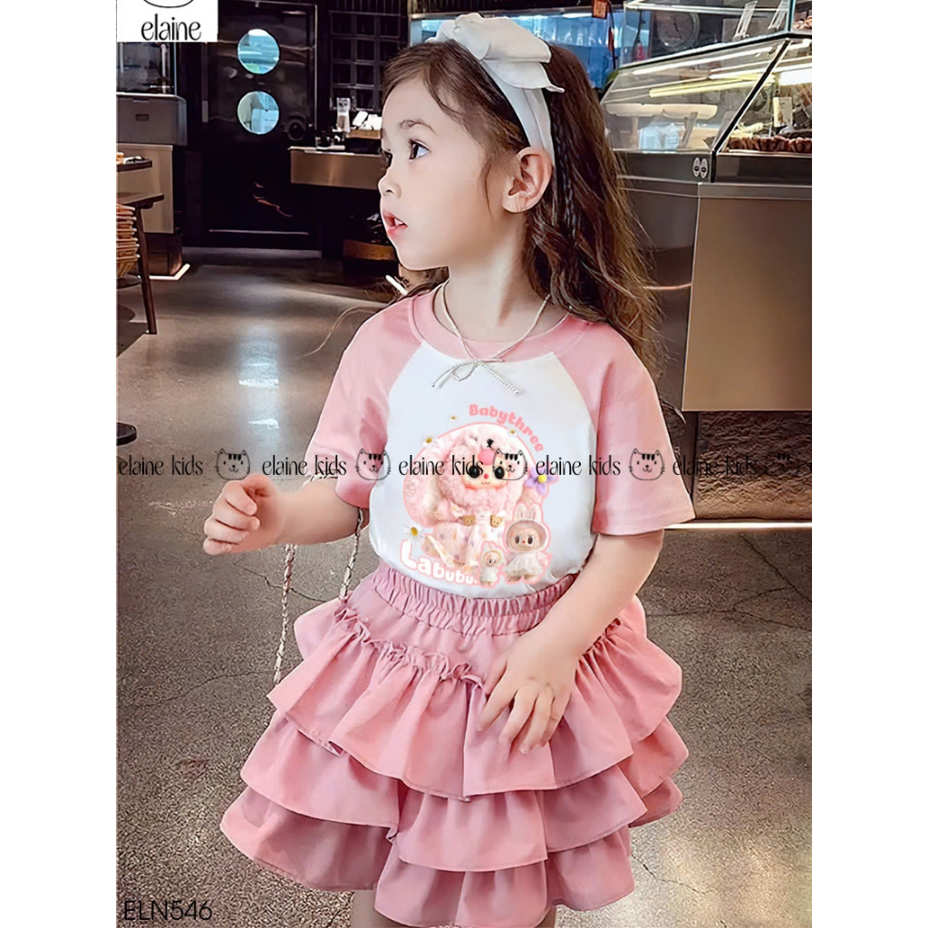 ปลาไหล ชุดเดรสเด็กผู้หญิง ชุด รวมเสื้อเชิ้ตผ้าคอตตอนเบย์บีทรีผสมกระโปรงระบาย 3 ชั้นสีชมพูและกางเกงไฮ