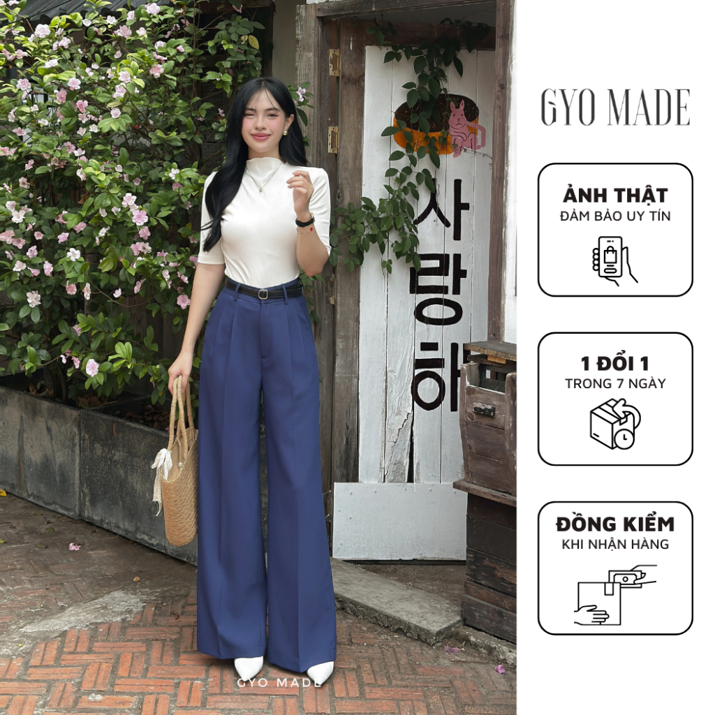 กางเกงขากว้างเอวสูงผู้หญิง สีกรมท่า (มีกระเป๋า) กางเกงขายาวผู้หญิงทรงหลวมผ้าไหมหิมะพริ้วนุ่ม | GQ003