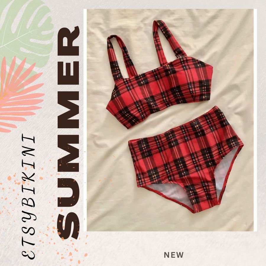 Etsy Bikini ชุดว่ายน้ําระดับไฮเอนด์ บิกินี่ลายทางสีแดง 2 ชิ้น บิกินี่สไตล์เกาหลี เสื้อคล้องคอ มีฟองน