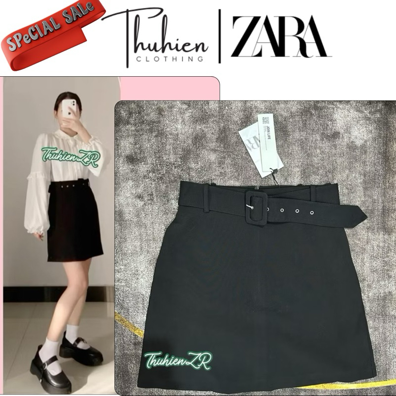 ZARA (ของแท้ ขนาด XS)ซาร่า 8372/263/800 กระโปรงสีดําพร้อมเข็มขัดผ้าชนิดเดียวกัน (มีรูปถ่ายจริง)