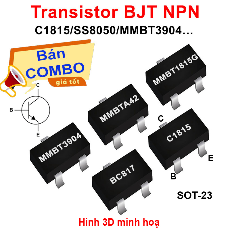 (100 ชิ้น) ทรานซิสเตอร์ BJT NPN C1815 / SS8050 / MMBT3904 / ... พิน SOT-23
