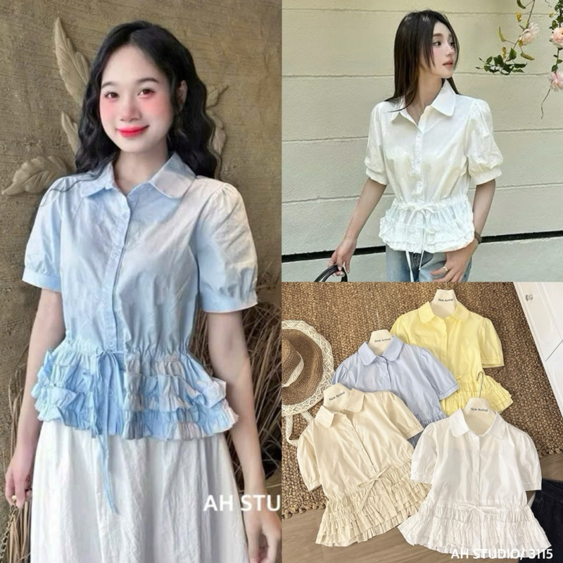 เสื้อขรุขระเกาหลีแขนพองแต่งระบายที่เอวเสื้อผู้หญิง