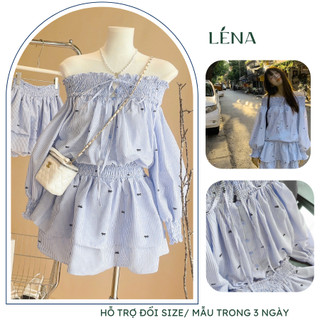 (Có Bigsize) Set bộ nữ sơ mi sọc trễ vai LENA 3140 chất mịn mát không nhăn+xù dạo phố trẻ trung