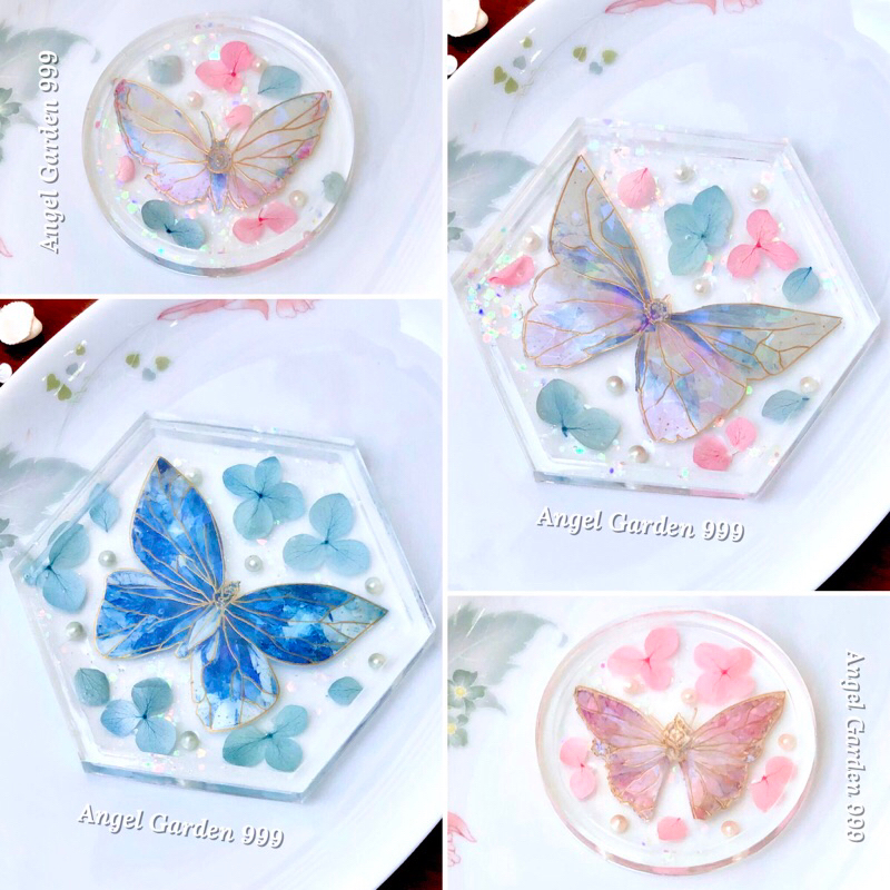 ที่รองแก้วดอกไม้และผีเสื้อถาดตกแต่งโปร่งใส DIY ANGEL GARDEN Design 999