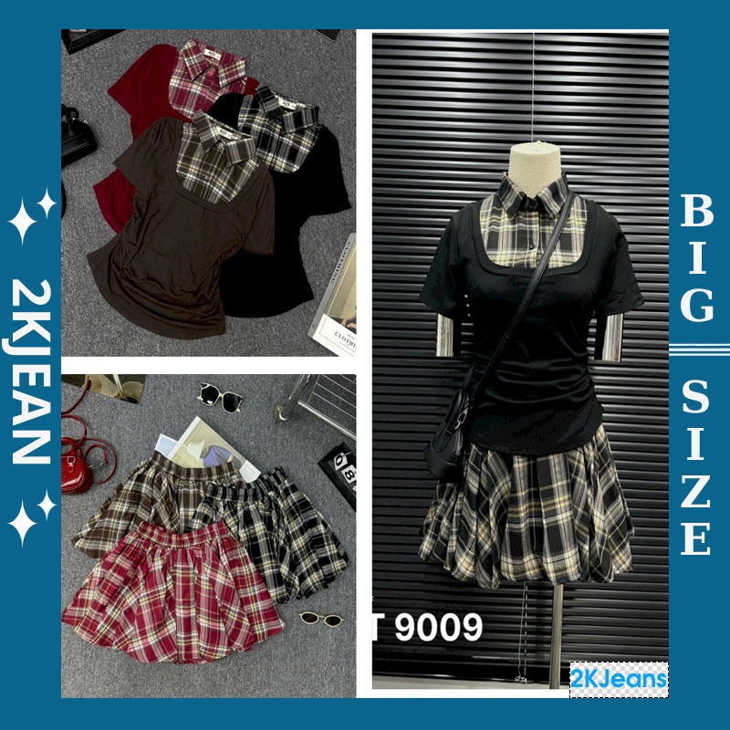 Set เสื้อยืดคอปกและกระโปรงลายสก๊อต มีซับใน Bigsize 55kg-90kg bigsize fashion 2Kjeans