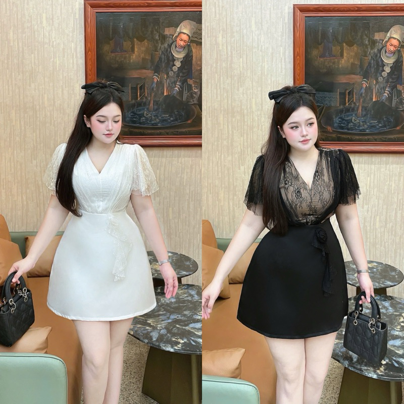 เดรสลูกไม้ V พร้อมแทฟฟา 55-90กก. ML XL XXL QUNH NHU BIGSIZE
