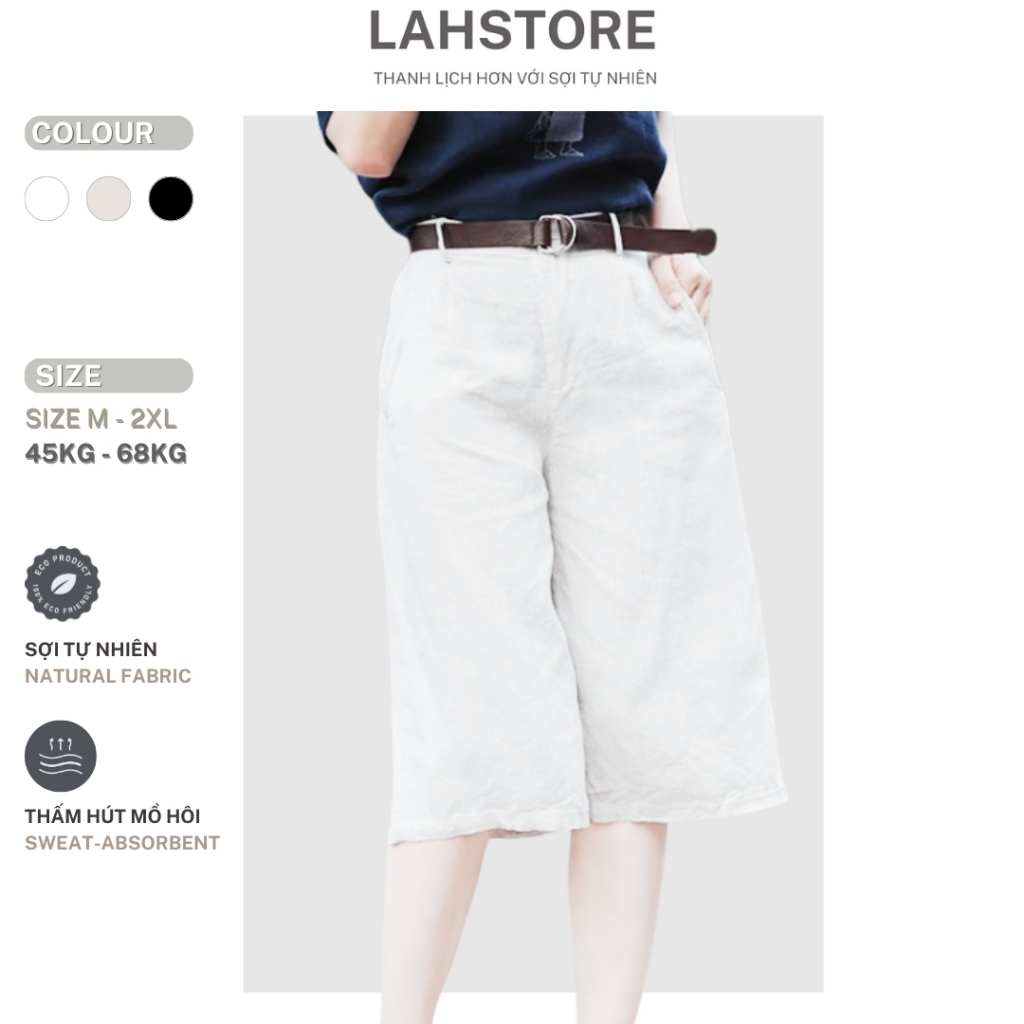 LAHSTORE กางเกงขาสั้นขากว้างทรงหลวมในผ้าลินินดิบคุณภาพสูงเอวสูงและเอวยางยืด QL01 (สีขาว)