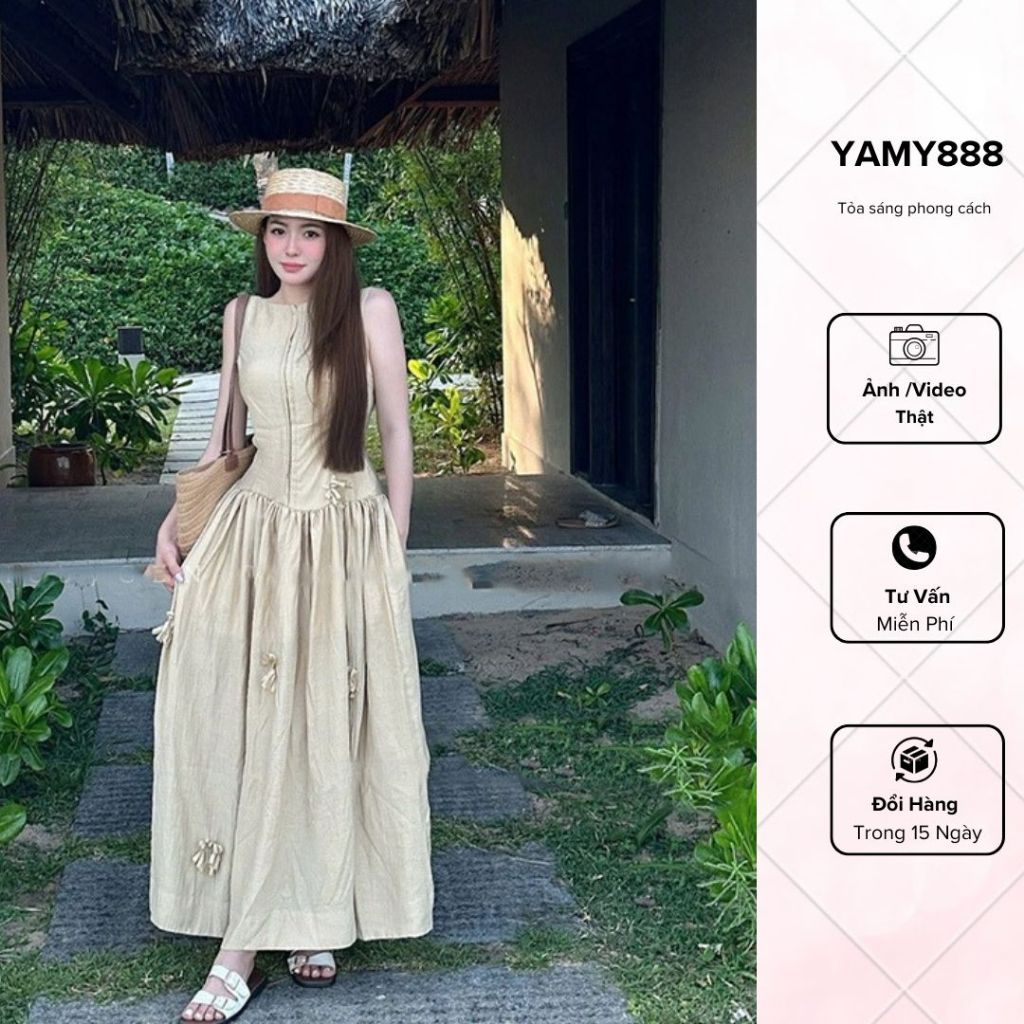 แม็กซี่เดรสชายหาดบานยาวพร้อมดอกไม้และสร้อยคอลายดอกไม้ V6339 - Jimmy888