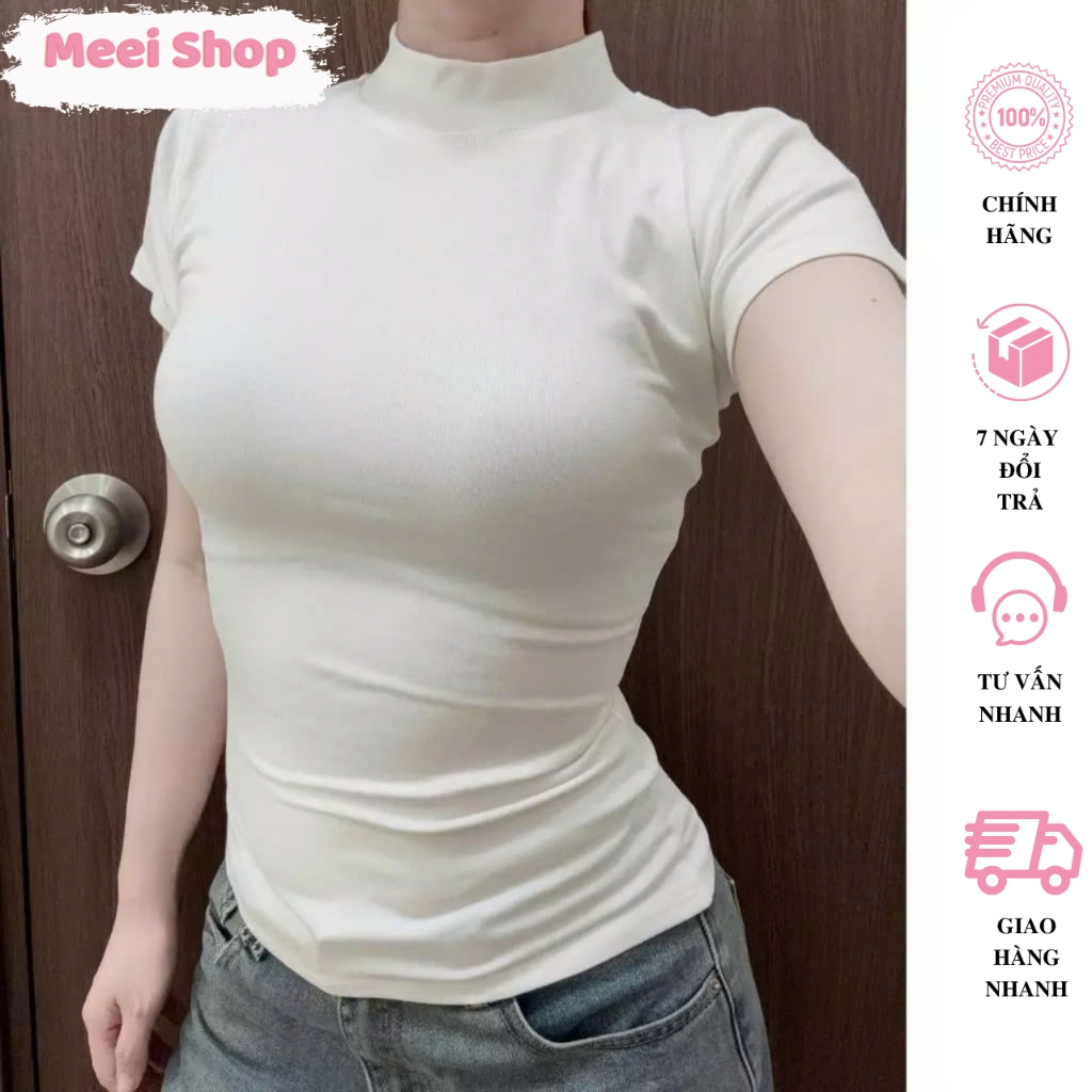 Meei Shop เสื้อยืดผู้หญิงเข้ารูปแขนสั้นธรรมดาพร้อมหมวกคอปก 3p, Borip High Collar เสื้อยืดผู้หญิง Fre