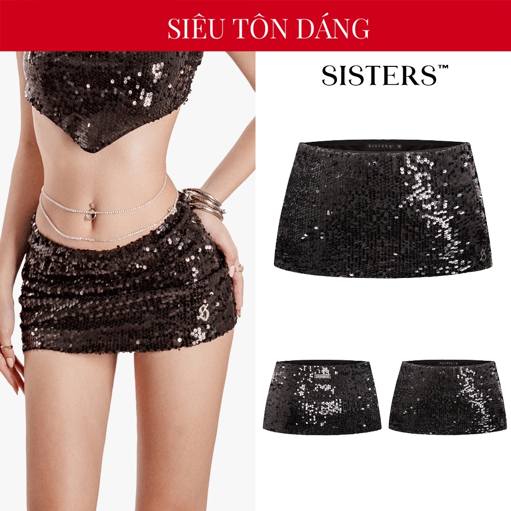 SA SISTERS กระโปรงสั้นปักเลื่อมดีไซน์โลโก้สแตนเลสสีดําหรูหรา Sebel สุดฮอต | SS-S51-V