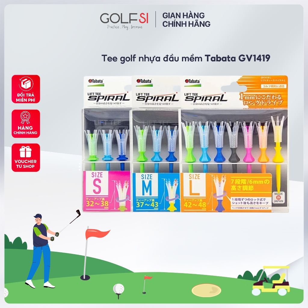 Tabata Golf Tee GV1419 หัวอ่อนพลาสติกคุณภาพสูง – 3 ขนาด S (32-38mm), M (37-43mm), L (42-48mm)