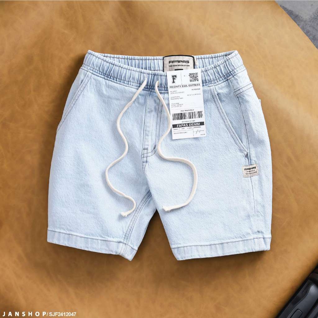 กางเกงขาสั้น Fapas Form Relaxed Pink Jean สีฟ้าสดใส ผ้าหนาปานกลาง ผ้ายืด