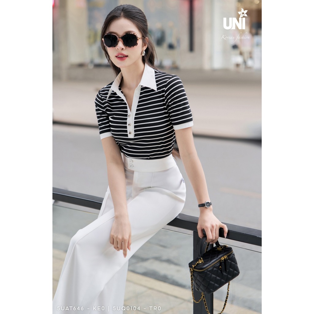 UNIVTH เสื้อยืดผู้หญิงเยอรมันแนวนอนลายคอปกแขนสั้น 5UAT646 UNI KOREAN FASHION