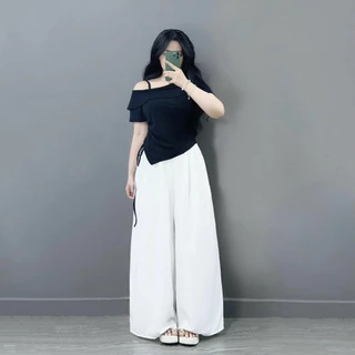 ชุดสตรีฤดูร้อนสไตล์ขนาดใหญ่, ชุดเสื้อยืดเปิดไหล่พร้อมกางเกงขากว้างผ้านุ่มเย็น ชุด980