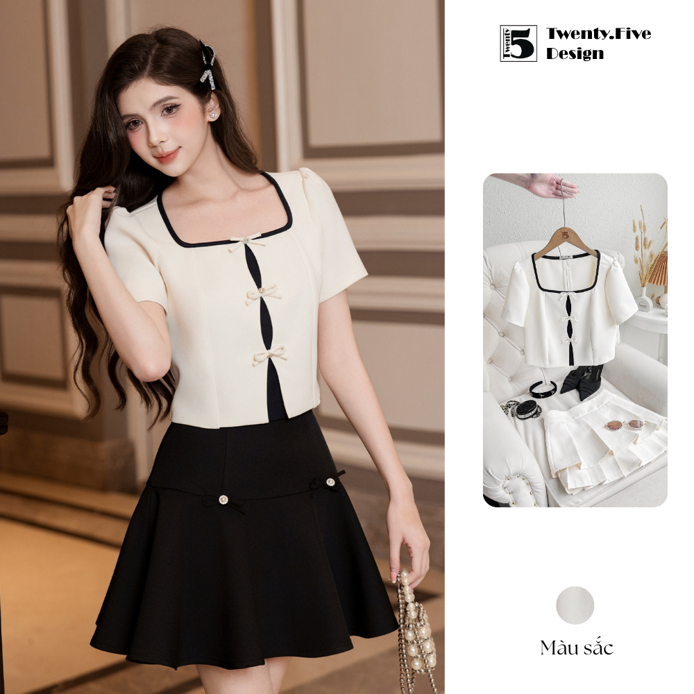 เสื้อเชิ้ตดีไซน์สี่เหลี่ยมสําหรับผู้หญิงลายคละสีและโบว์หรูหรา appliqué Twenty.Five AH123