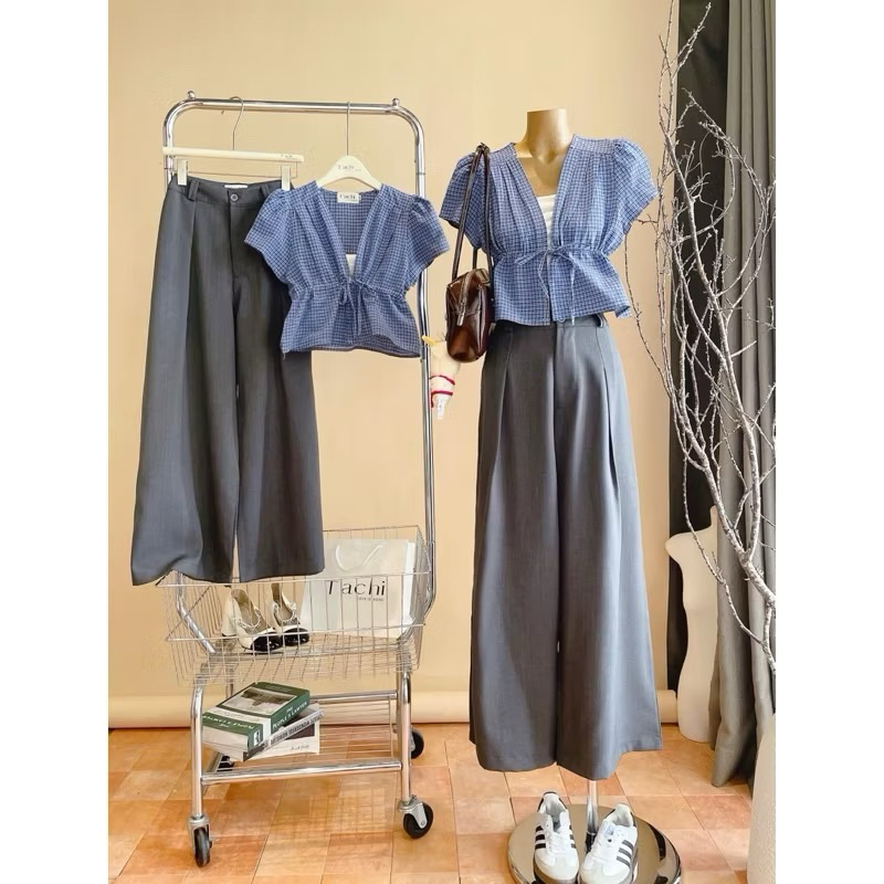 [BIG SIZE FAT CAT] SET OF 3 PEPLUM CARROT KNITTED SHIRT - TUBE SHIRT - WIDE-LET GREY SURFACE PANTS B