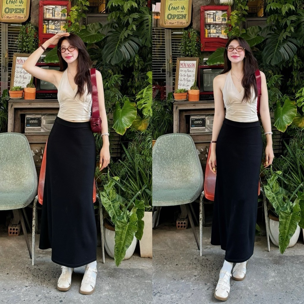 กระโปรงมิดิยืดสีดํายาว (REAL PHOTO) SAMTITCLOTHINING Ma 888