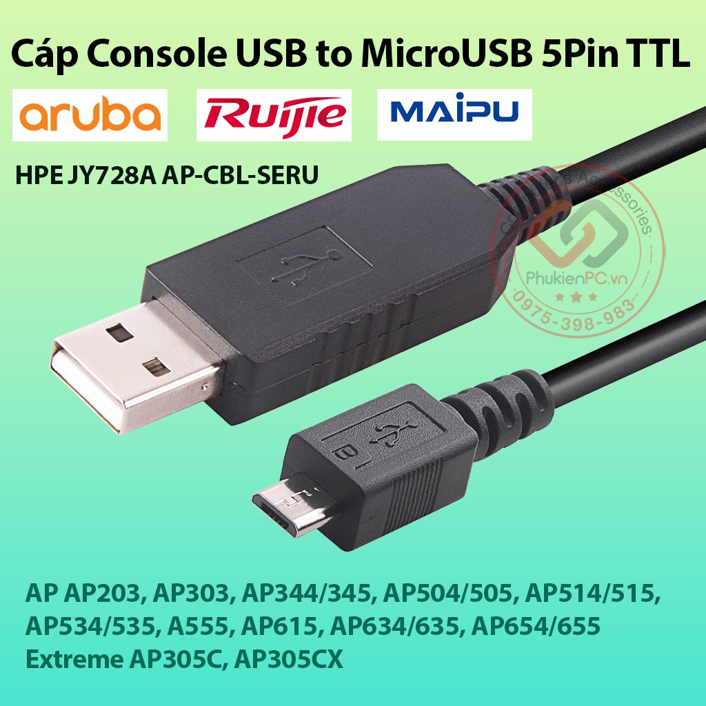 Aruba Console USB to Micro USB 5Pin HPE JY728A AP-CBL-SERU Cable ยาว 1.5M เข้ากันได้กับ Win XP, 7,10