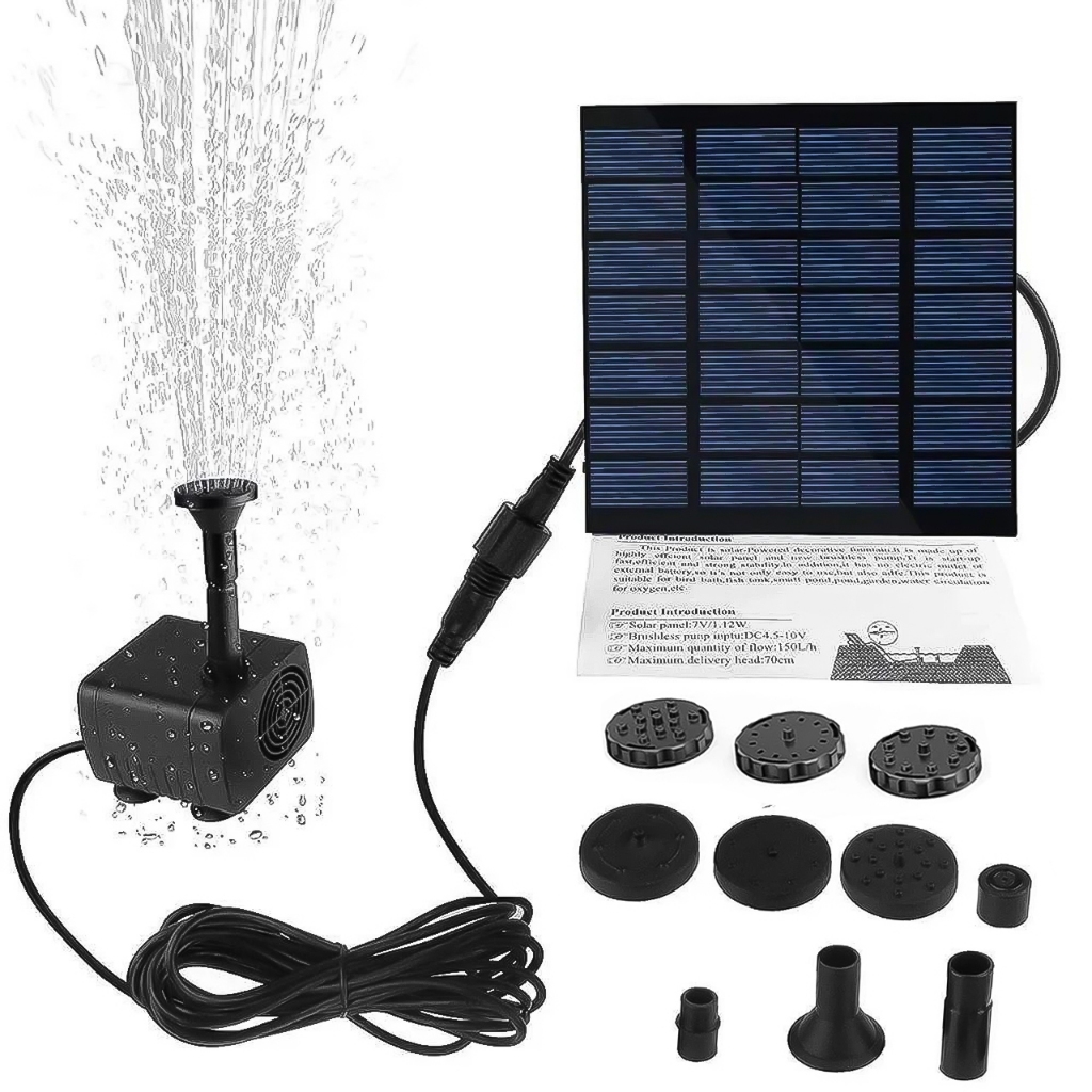 ปั๊มน้ําพุพลังงานแสงอาทิตย์ 1.5W 160L/h ปั๊มน้ําแบบจุ่มความเร็วไหลพร้อมหัวฉีด 8 หัวท่อน้ํา