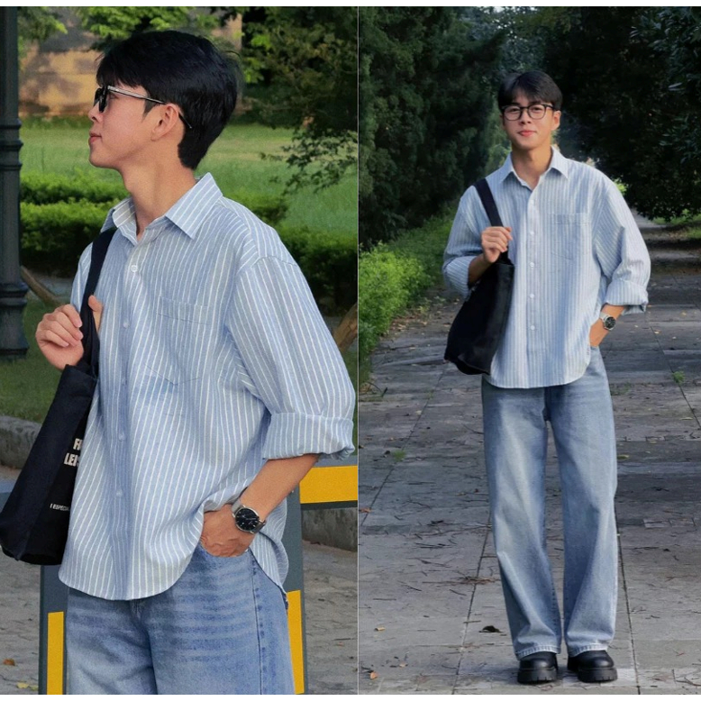 เสื้อเชิ้ตคอปกแขนยาวลายทาง ซูเต้ -เสื้อเชิ้ตผู้ชายเนื้อผ้าลินินคุณภาพสูง