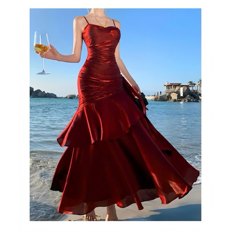 BECHIC – ชุดเดรสปาร์ตี้หรูหราเป็นชั้นสีแดงบาง | Luxury Party Dress