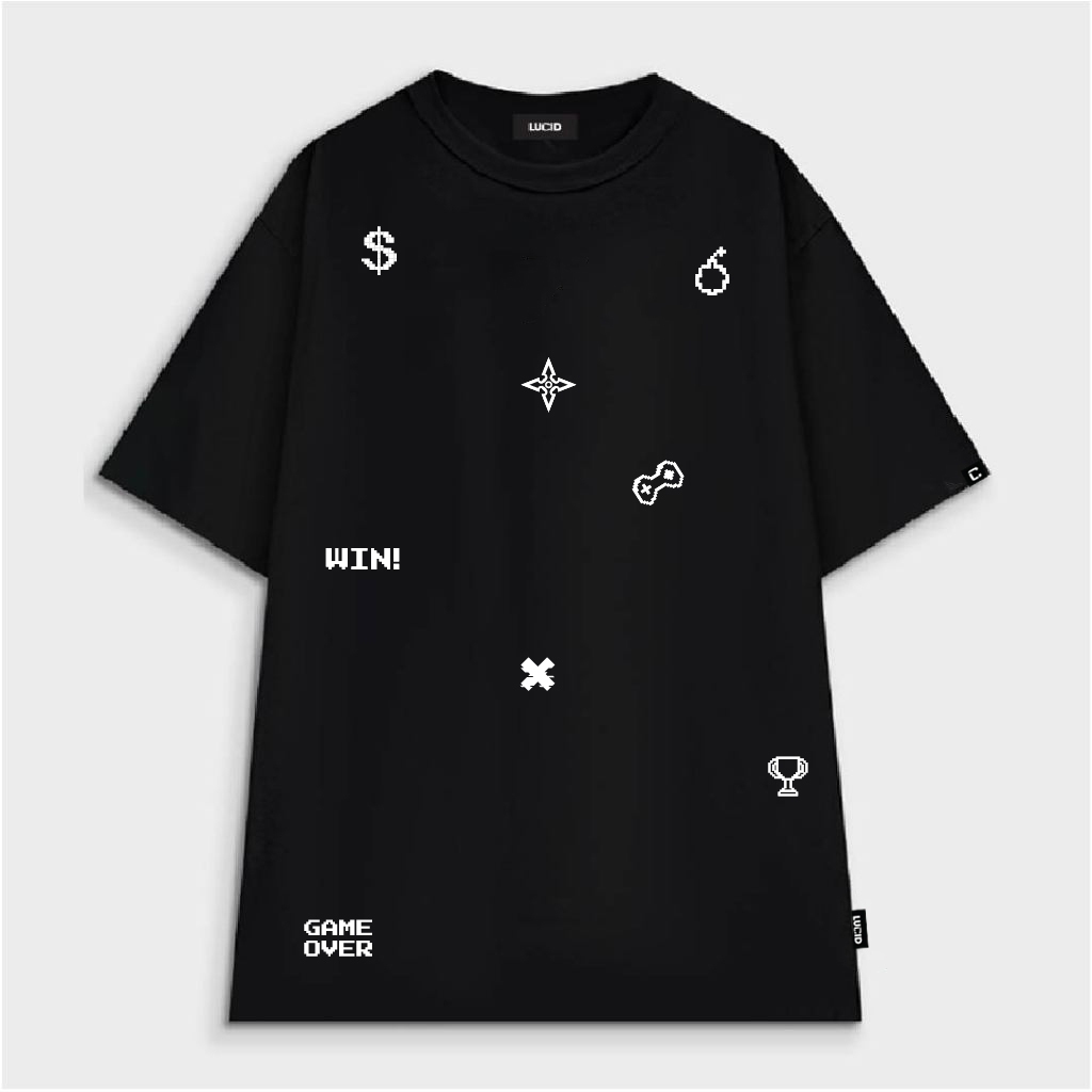 เสื้อยืด Local Brand Unisex LUCID GameOver สําหรับผู้ชายและผู้หญิงผ้าฝ้ายแขนหลวม