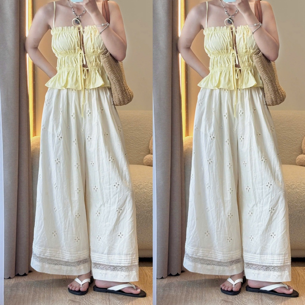 (OLDSCHOOL PHOTO) DAISY PANTS ลูกไม้ลายดอกไม้สีเบจยาวเจาะรู PANTS