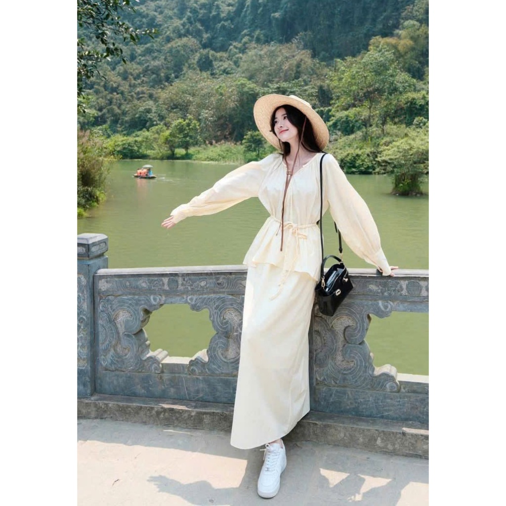 Set เสื้อเชิ้ตแขนยาวคอเต่าสไตล์ผูกเอว 2 ชั้น เดรสผู้หญิงฟรีไซส์ QID11