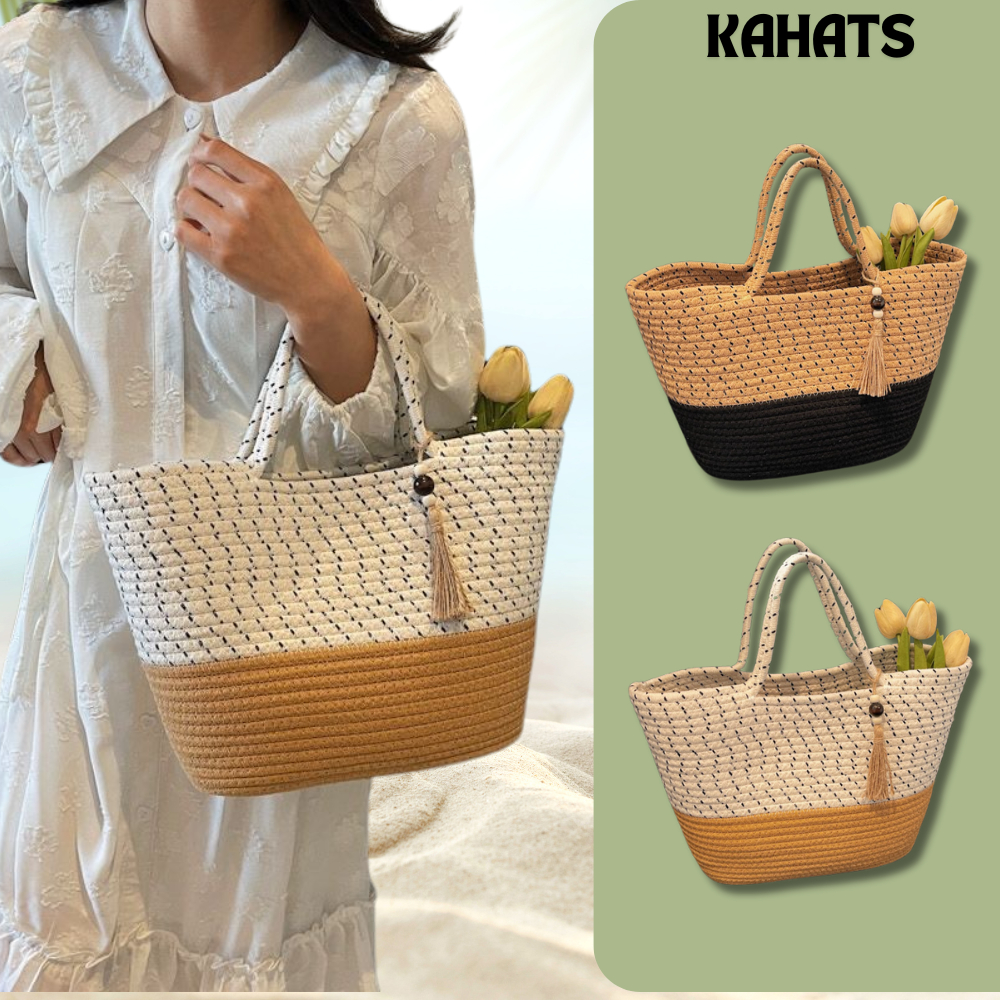 Kahats กระเป๋าชายหาดแบบพกพาทําจากไฟเบอร์ถักแบบไม่สูญเสียสไตล์วินเทจ T41