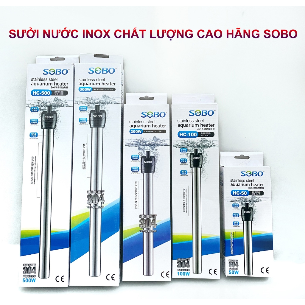 Sobo เครื่องทําน้ําอุ่นพร้อมเปลือกสแตนเลส HC-25, HC-50, HC-100, HC-200 - Warms Aquariums และบ่อเต่า