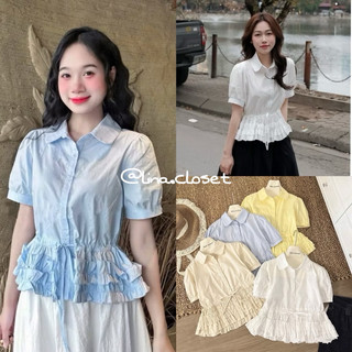 Áo sơ mi thô hàn thiết kế tay phồng phối bèo tầng rút eo phong cách Hàn Châu A3115