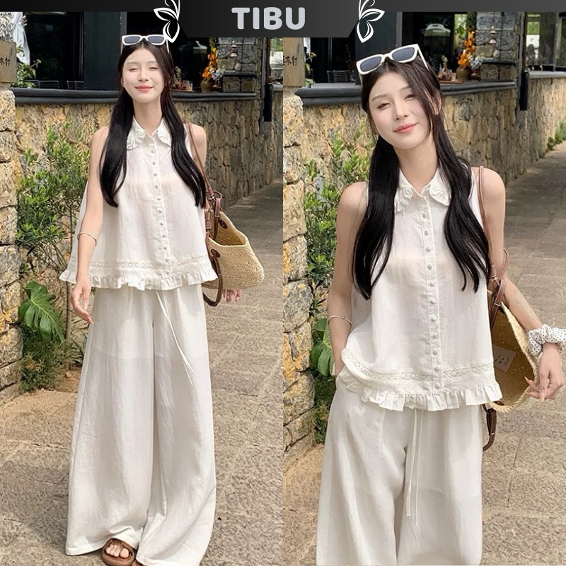 ชุดเสื้อเชิ้ต เบบี้ดอลล์ พร้อมเสื้อแขนสั้นและกางเกงขากว้าง ชุด ทิบู ชุดผู้หญิงแบบเรียบง่ายสําหรับไปเที่ยวทะเลและเดินบนถนน ข432
