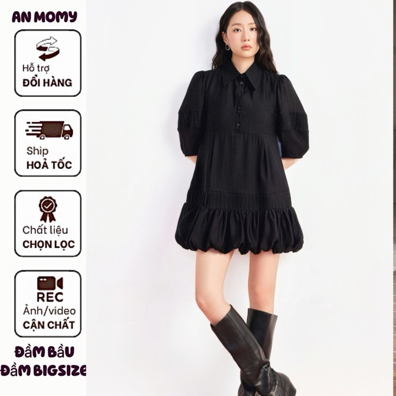 (BIGSIZE - BAU BON CHEN) เดรสคอปกเชิ้ตติดกระดุมถอดออกได้สะดวก - เดรสบูม-เดรสฟักทอง