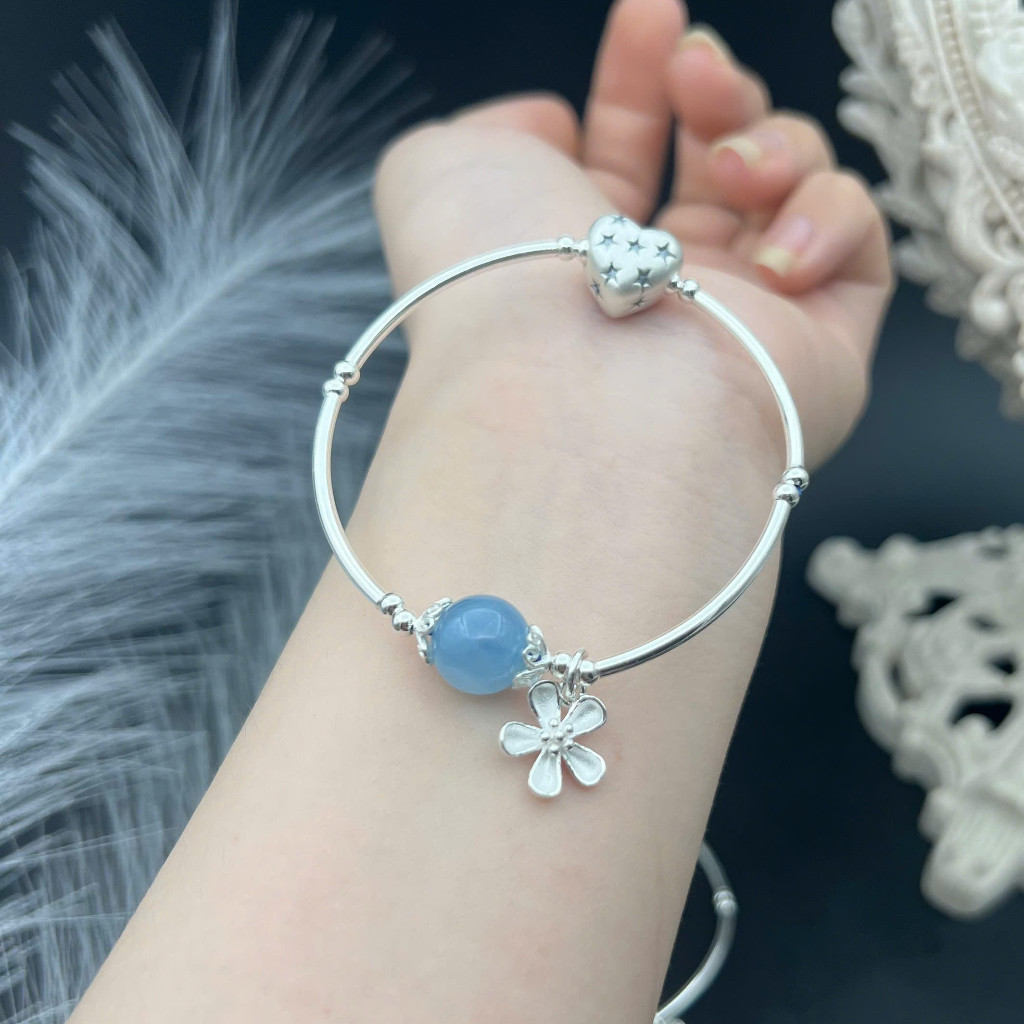 สร้อยข้อมือเงินลูกปัดหินฮวงจุ้ยเสน่ห์ 925 ดอกไม้สวรรค์และหัวใจ 999 - VT2500177