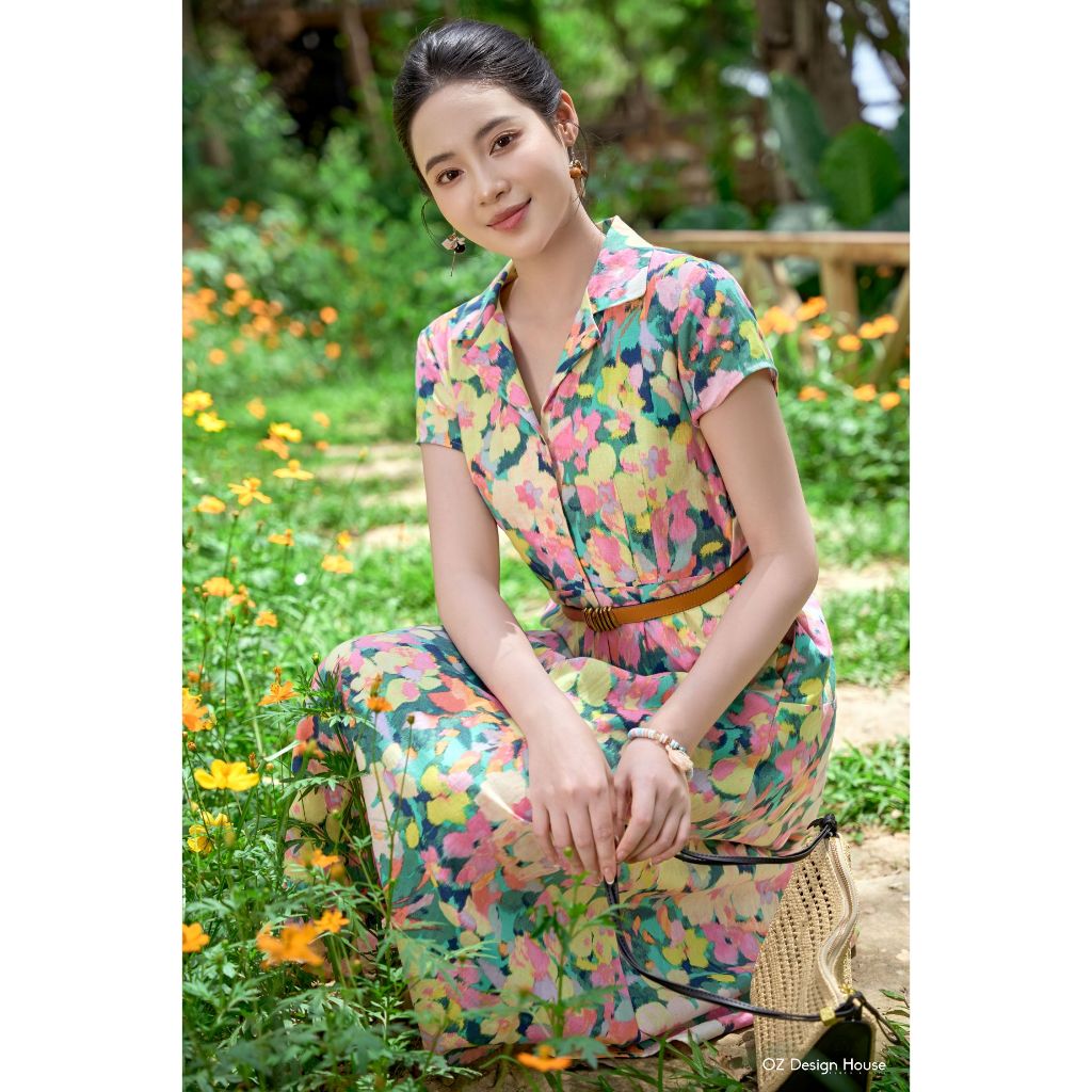 A OZ Design House dress DA03782RST25 คอปกผ้าลินินผู้ชายไม่มีขาพิมพ์ลายดอกไม้หลากสี