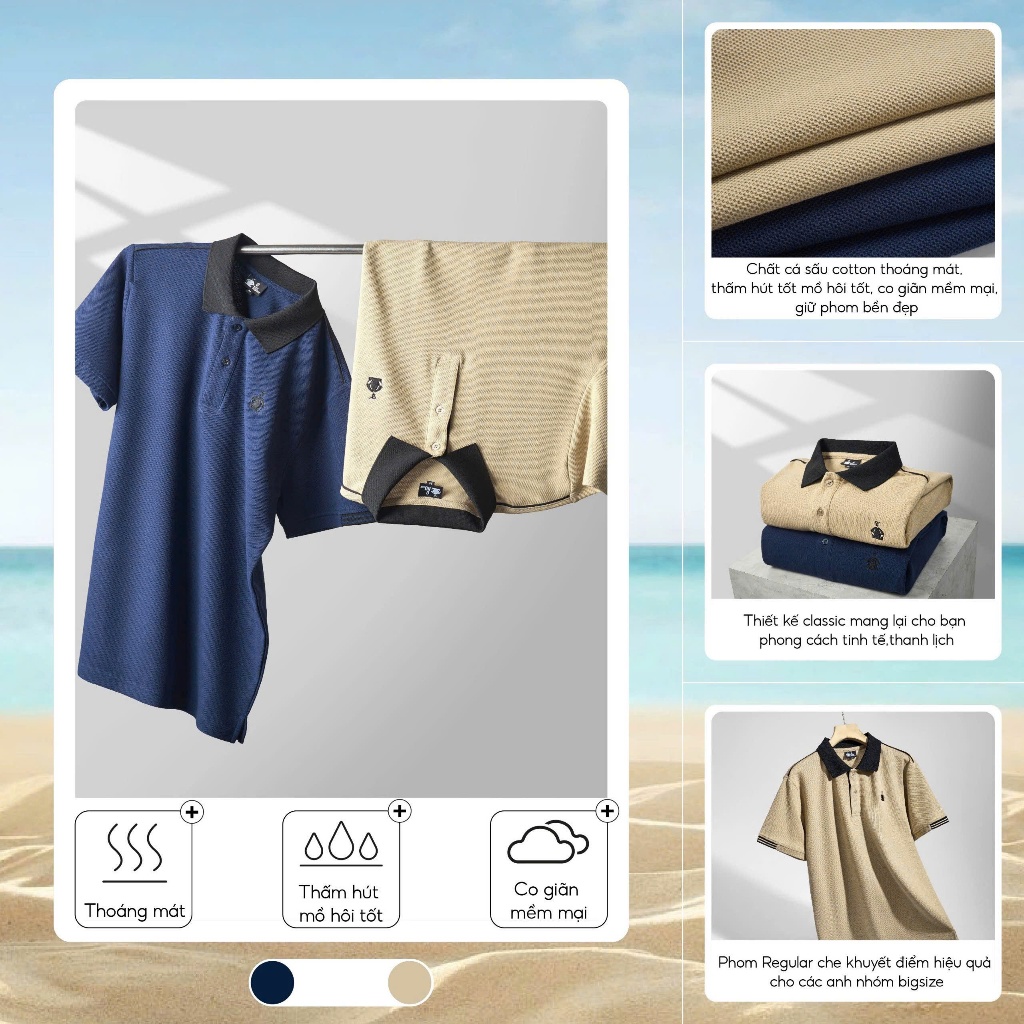 เสื้อโปโลผู้ชายแขนสั้นเสื้อยืดผู้ชายคอปกพื้นฐานคุณภาพสูงสีน้ําเงินเข้มสีเบจ ริโอช็อป RSP012 ไซส์ใหญ่