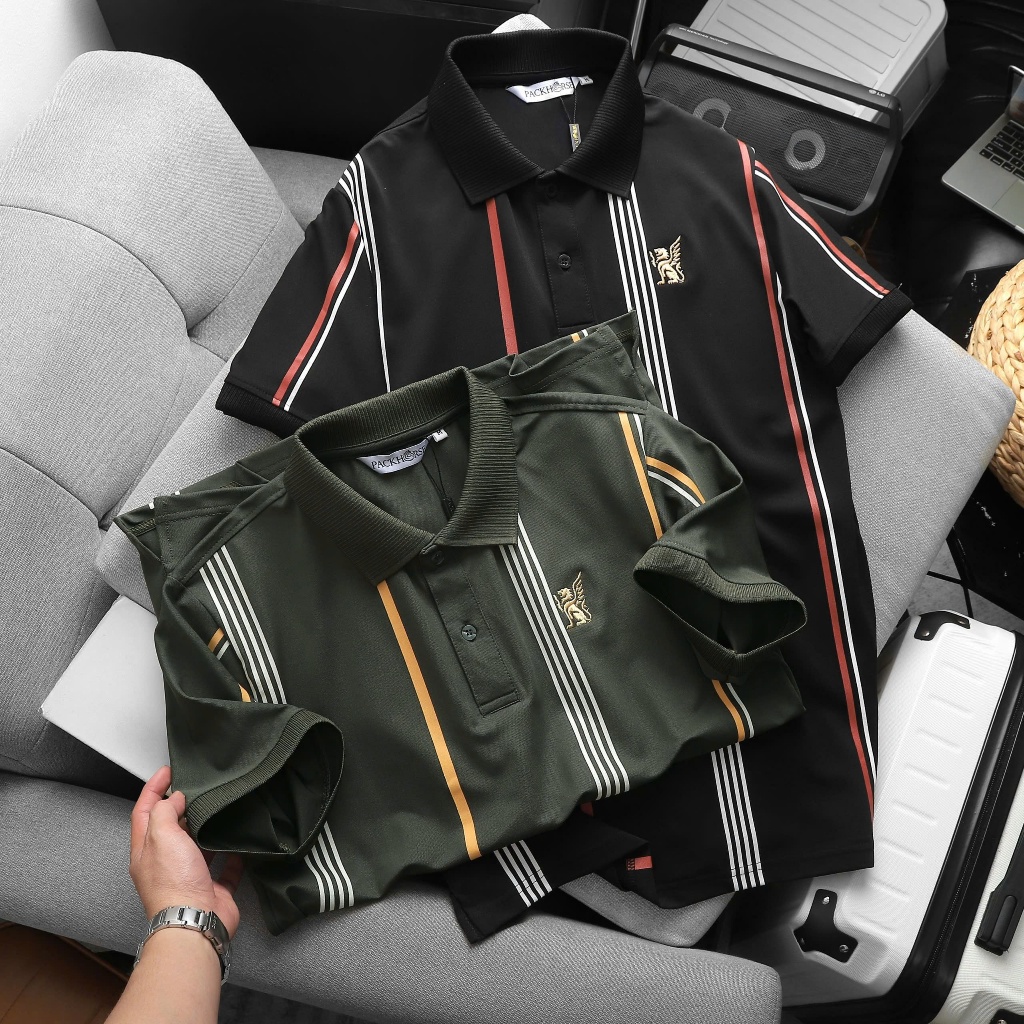 เสื้อโปโลผู้ชายเสื้อยืดแขนสั้นคอปกลายทางแนวตั้งสวยงามสีขาวสีดําสีเขียวมอส ริโอช็อป RSP015ไซส์ใหญ่ไซส