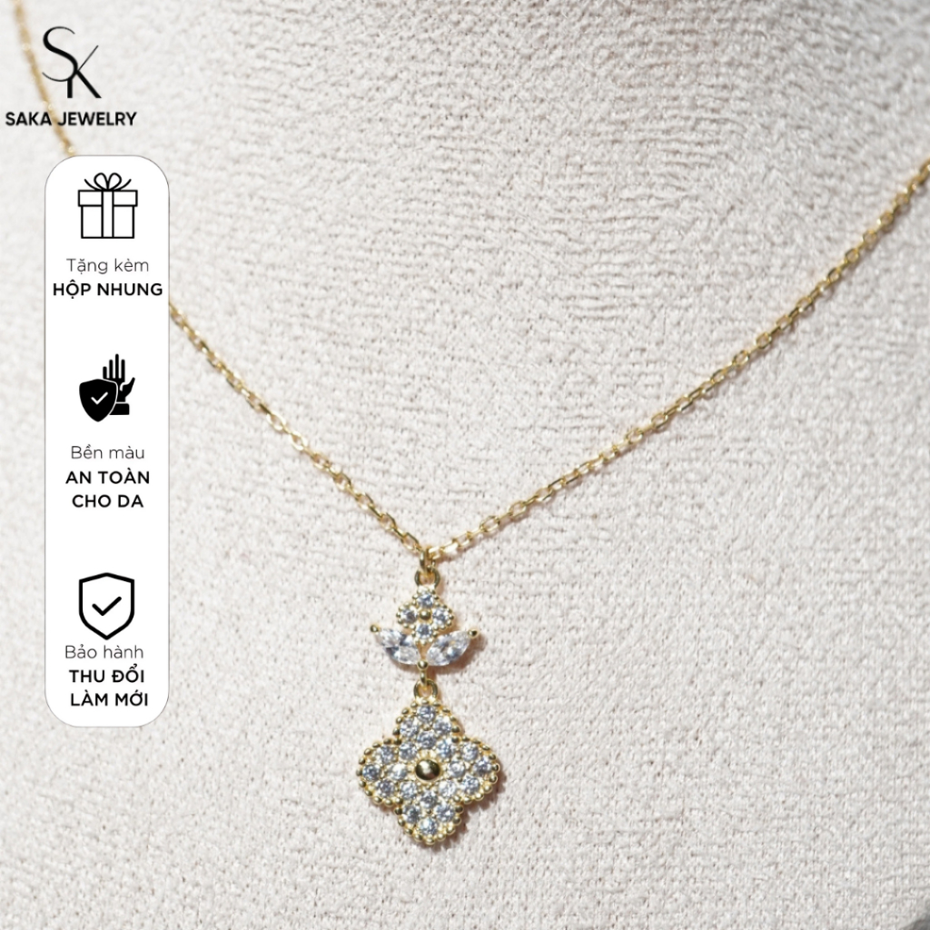 SAKA JEWELRY สร้อยคอโคลเวอร์ 4 ใบ 2 อัน สีดําและชมพูสุดหรู SKD 164