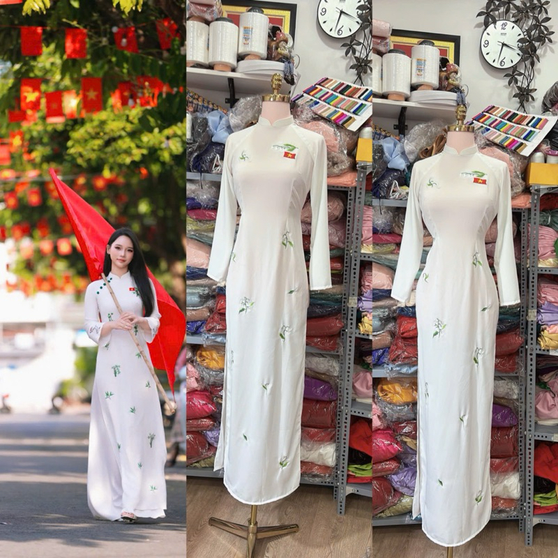 [พร้อมสต็อก - REAL PHOTOS] ผู้หญิงสีขาว Ao Dai มี 2 ด้านพร้อมปุ่มใบ FLAG และใบสําหรับ PHOTOGRAPHY, P