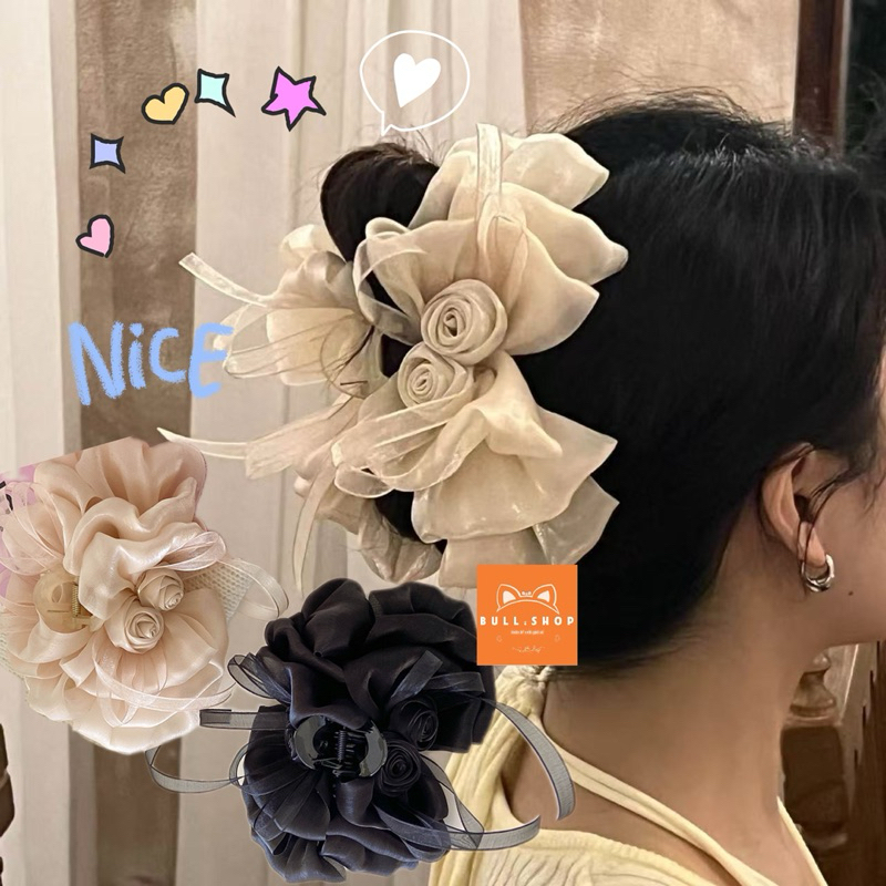 KCC49 กิ๊บติดผมก้ามปูผู้หญิงทําจากผ้าชีฟองทรายหลายชั้นลายดอกไม้ BULL.SHOP