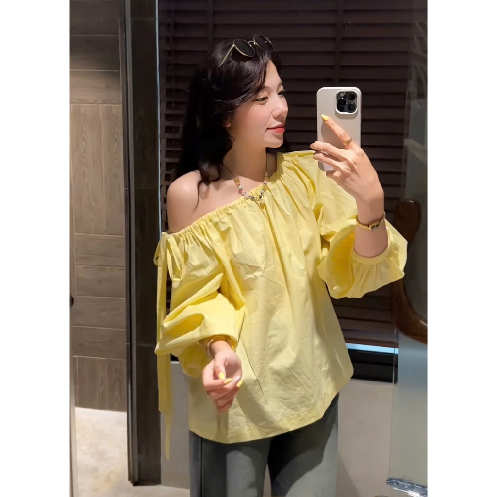 (WET WRINKLES) BOWIE TOP เสื้อเชิ้ตผูกโบว์แขนยาวปาดไหล่