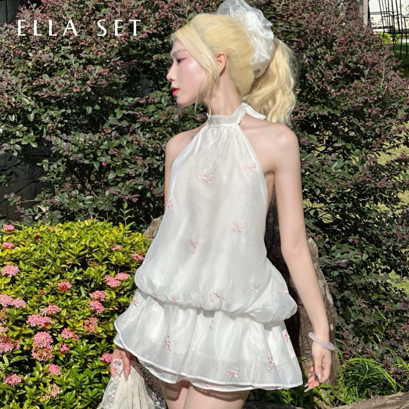 (PANT INCLUDED) Ella Set - WHITE COLLAR DRESS SET WITH PINK BOW EMBROIDERED สําหรับผู้หญิง - Brand B