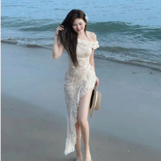 Đầm váy hoa đi biển - Đầm ren 2 lớp bẹt vai chéo tà có mút phong cách sexy, quyến rũ cho nàng đi biển chụp ảnh cực slay